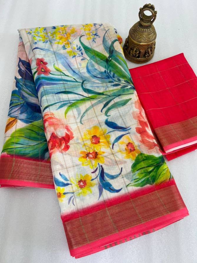 MG 379 Gold Jari Border With Weaving Linen Printed Sarees Wholesale Online